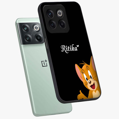 Forever Chasing Love Jerry Glass Case for 1+10T angled mockup showcasing glossy finish and vibrant character detailing