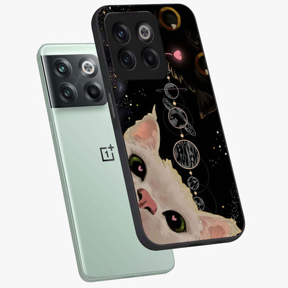 Galactic Cat Glass Case for 1+10T angled mockup showcasing glossy finish and luminous space detailing