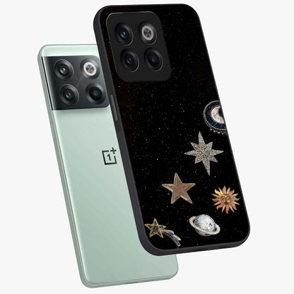 Galactic Charm Glow Glass Case for 1+10T angled mockup showcasing glossy glass finish and luminous galaxy tones