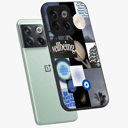 Galactic Energy Collage Glass Case for 1+10T angled mockup showcasing glossy finish and vibrant space textures