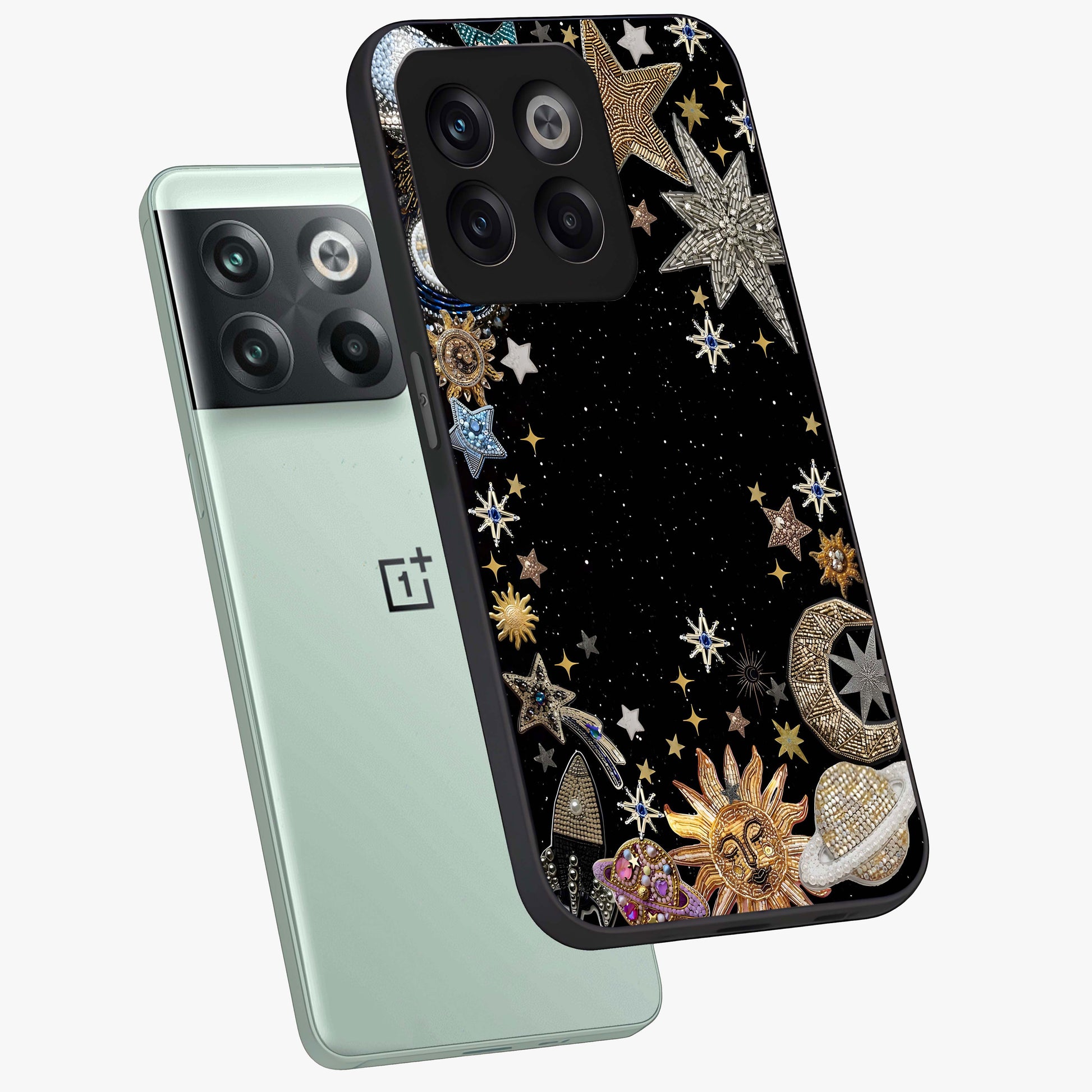 Galactic Jewel Stars Glass Case for 1+10T angled mockup showcasing glossy finish and radiant cosmic tones