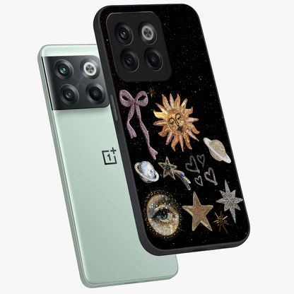 Galactic Sun Charm Glass Case for 1+10T angled mockup showcasing glossy finish and warm galaxy tones