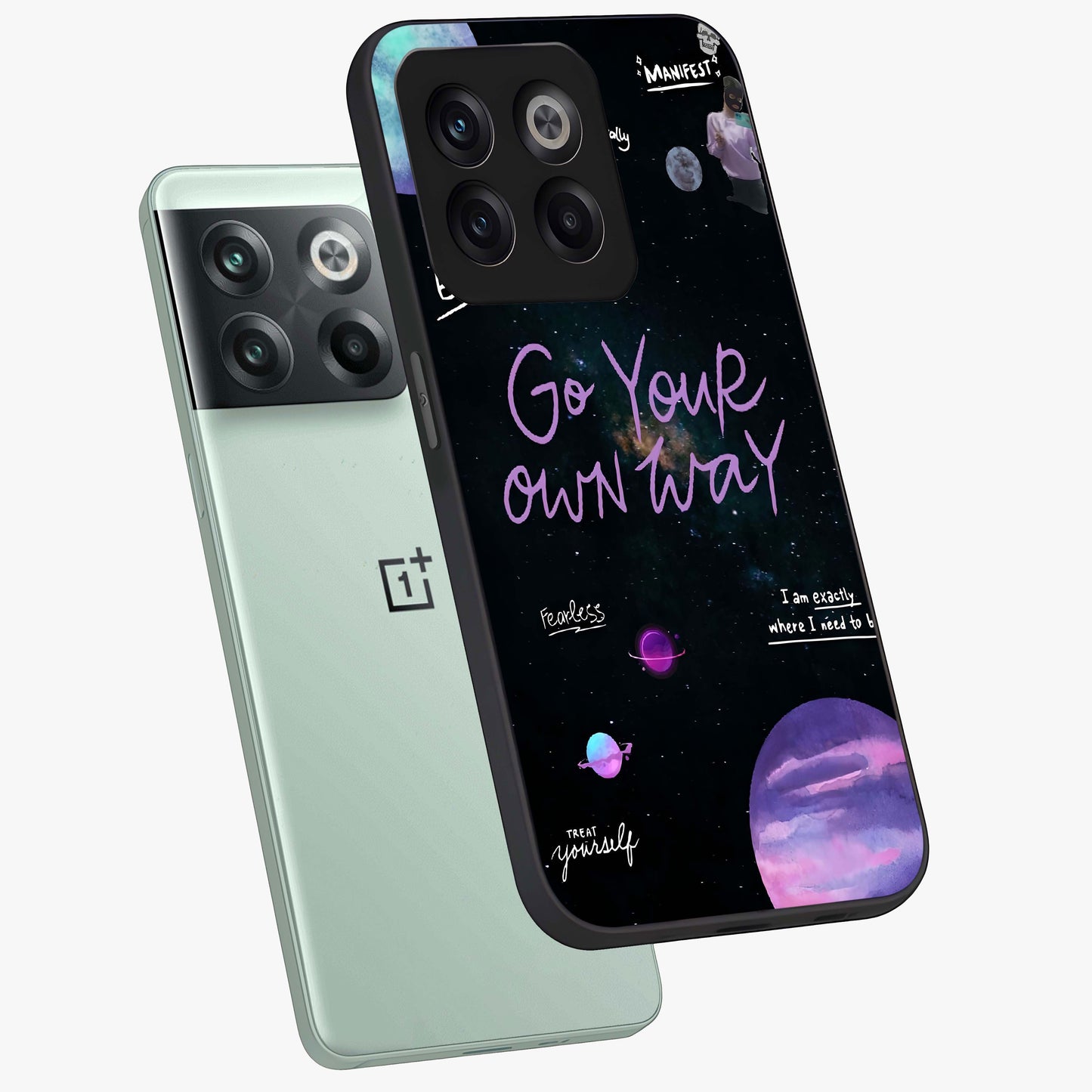 Galactic Vibes Universe Glass Case for 1+10T angled mockup showcasing glossy finish and deep space gradients