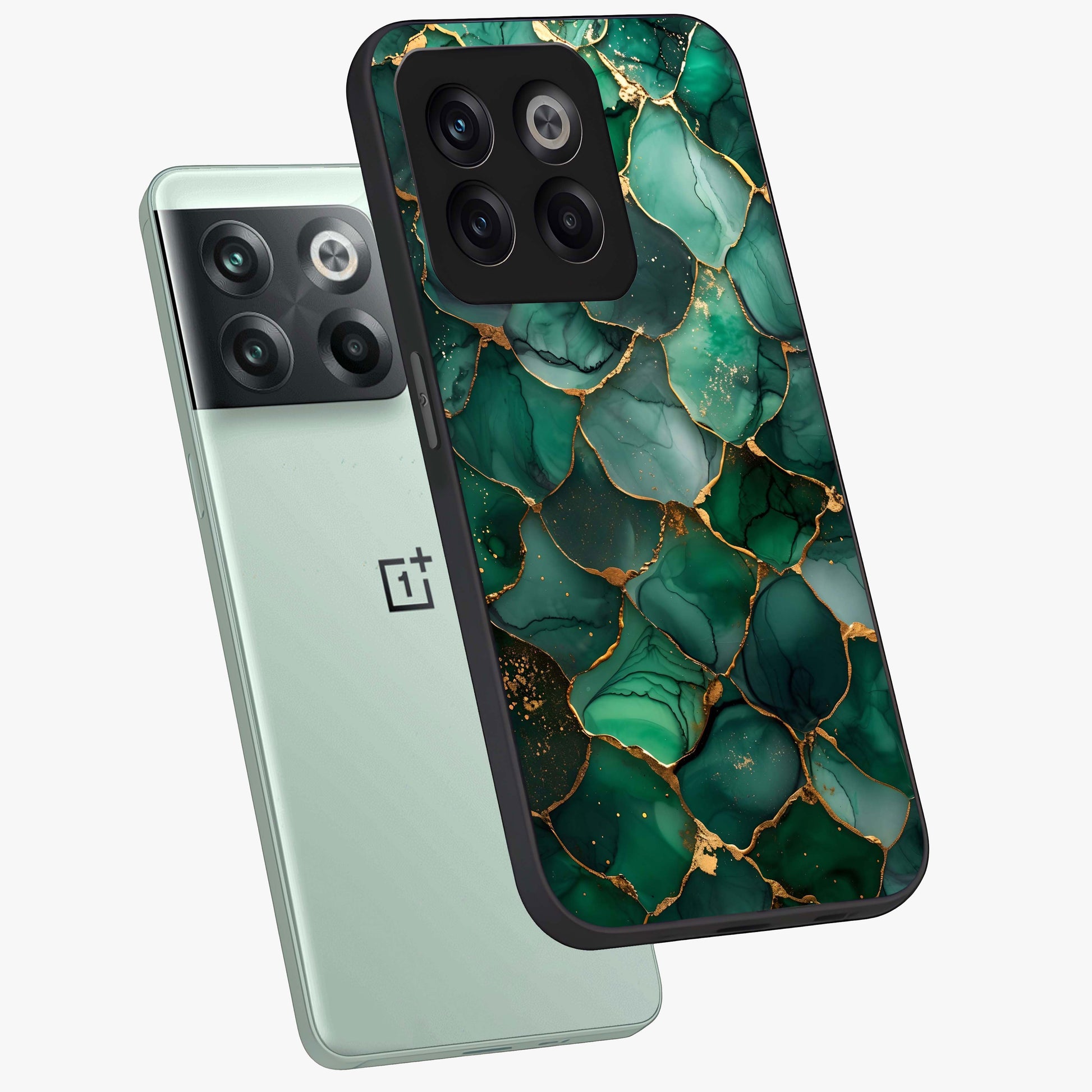 Geometric Polyester Pattern Glass Case for 1+10T angled mockup showcasing glossy finish and clean structured detailing