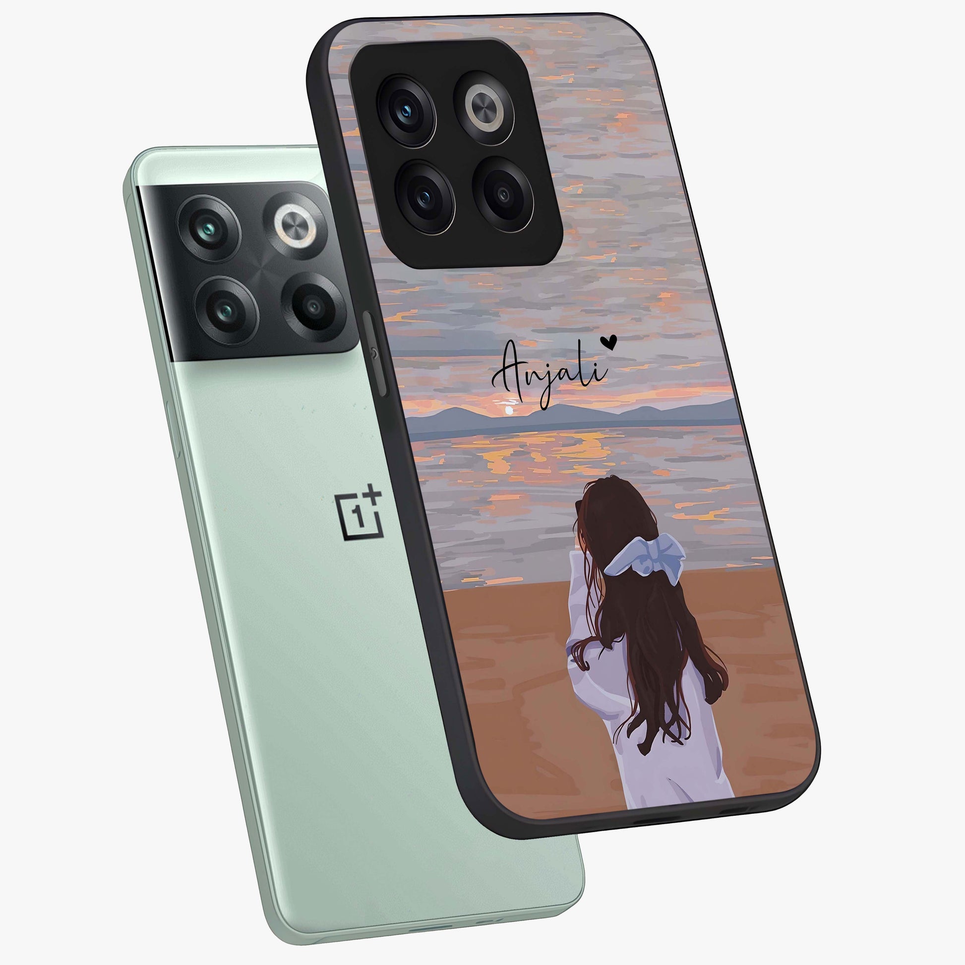 Girl Facing Sunset Beach Glass Case for 1+10T angled mockup showcasing glossy glass finish and warm beach tones