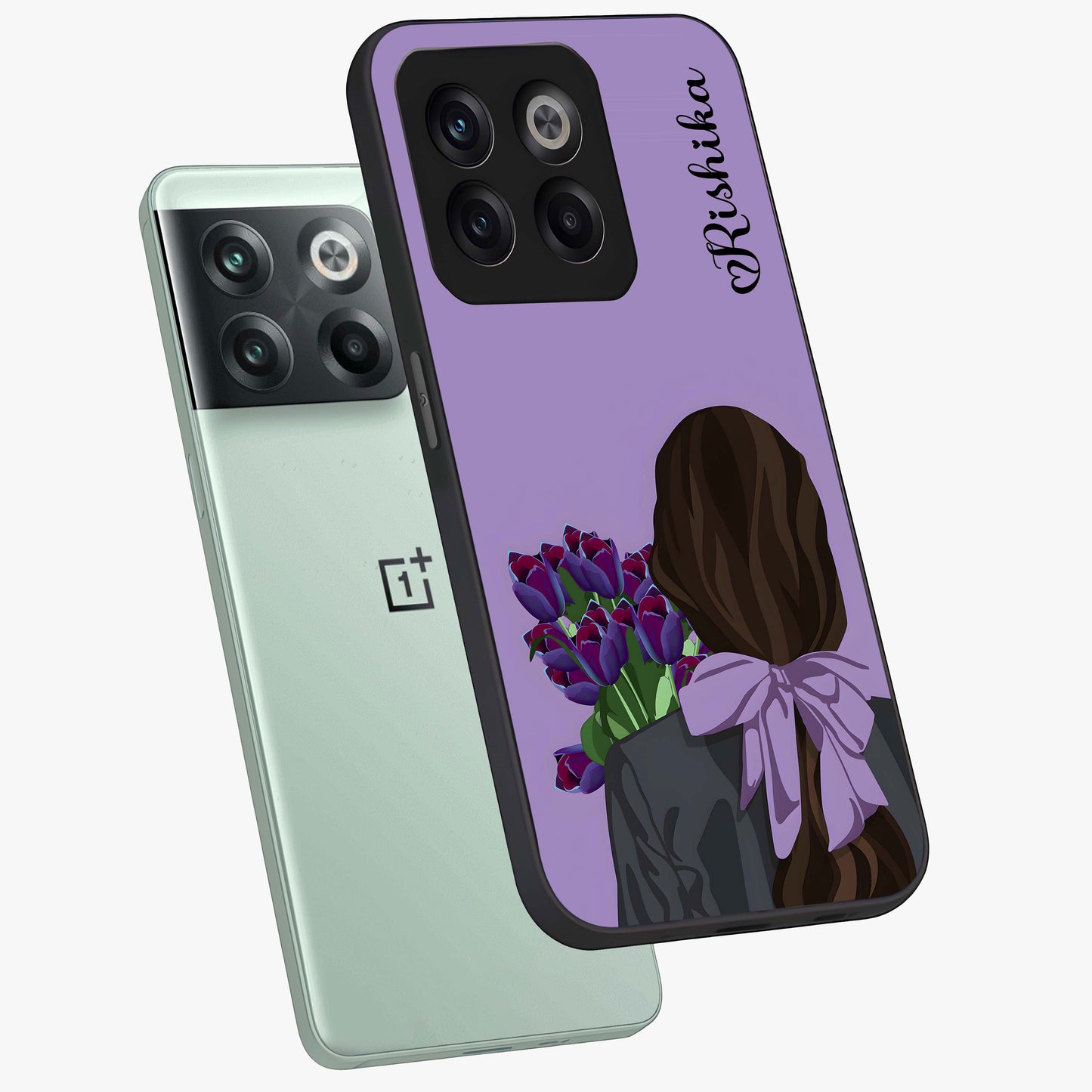 Girl Holding Flowers Glass Case for 1+10T angled mockup showcasing glossy finish and pastel bloom tones