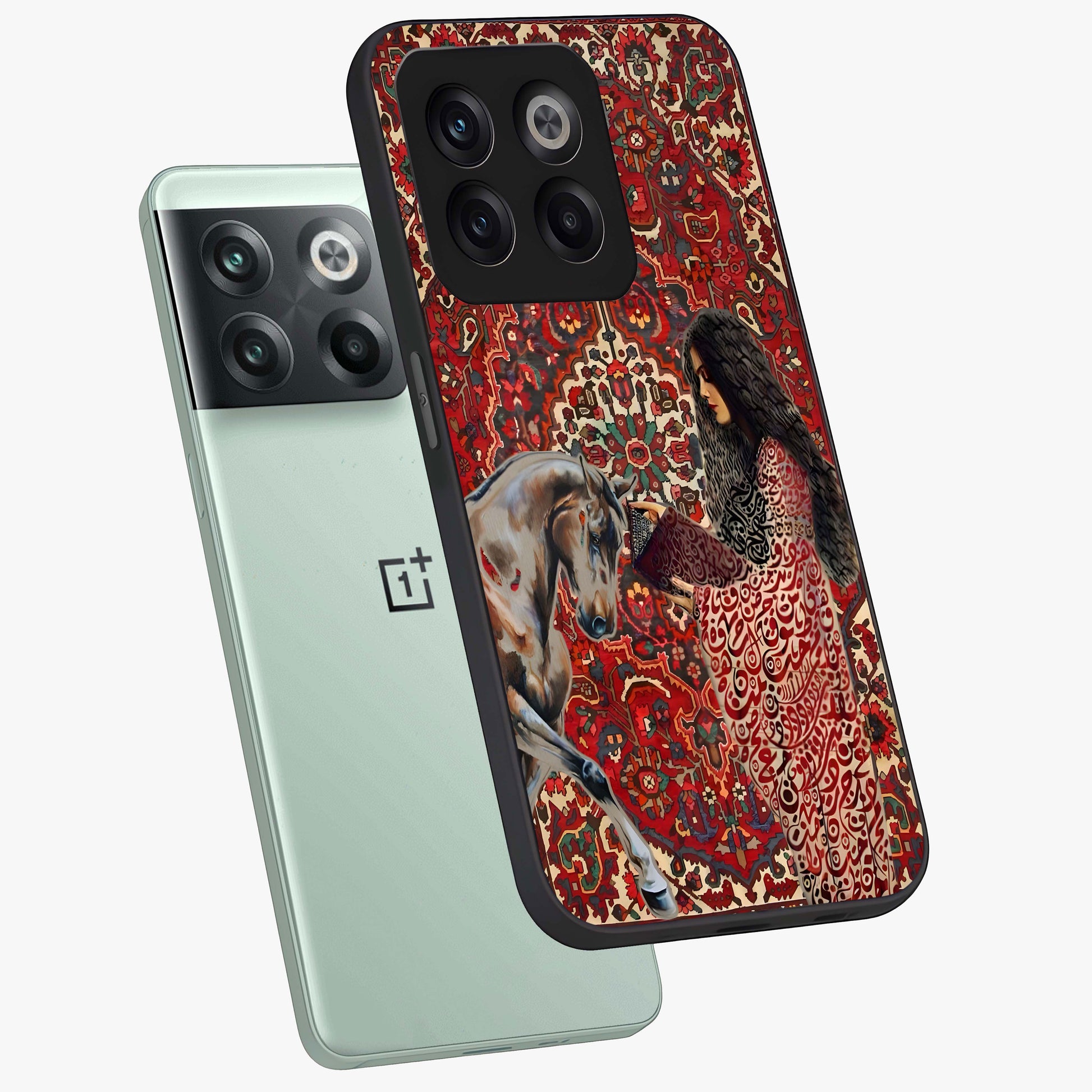 Girl With Horse Glass Case for 1+10T angled mockup showcasing glossy finish and serene countryside tones