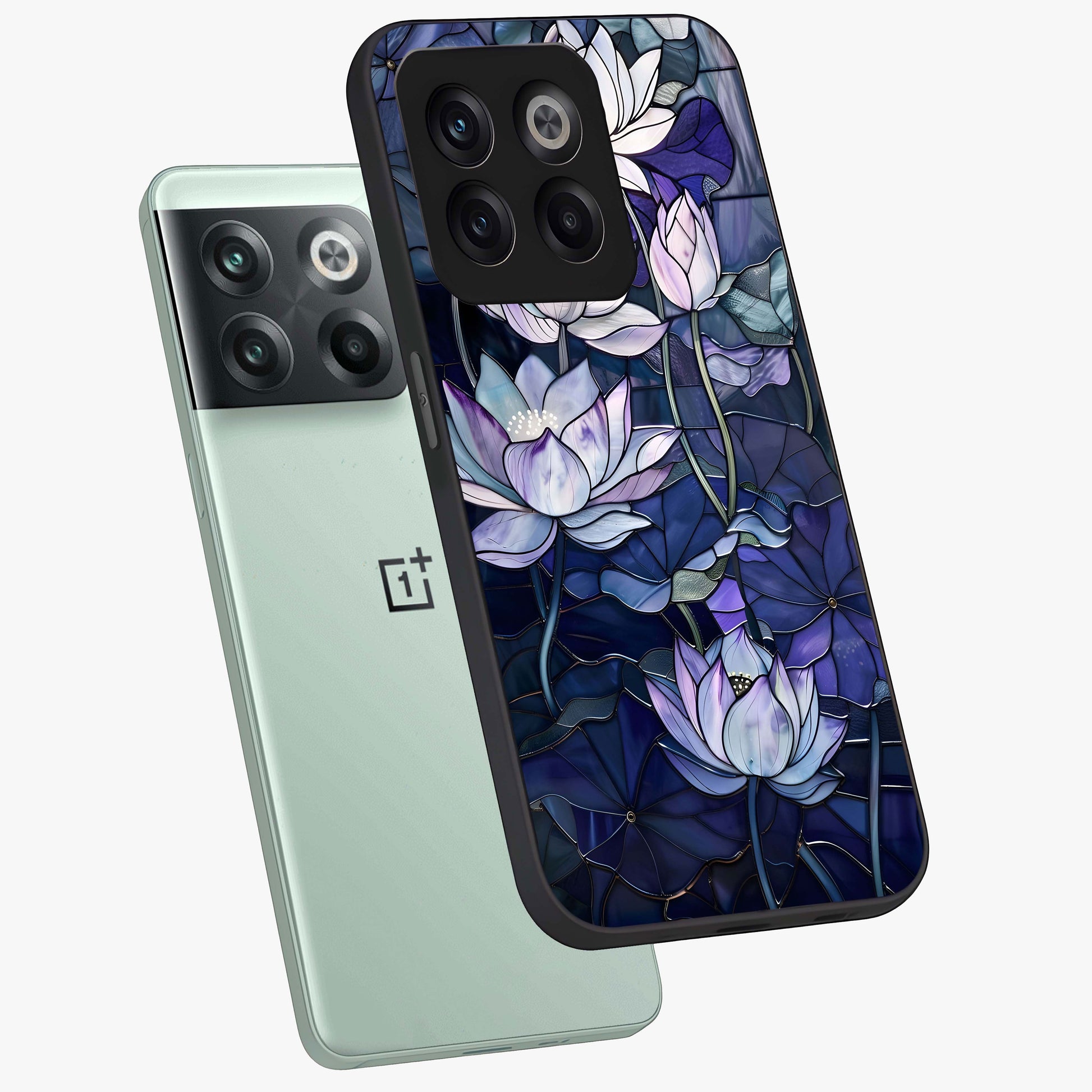 Gloss Petal Rush Glass Case for 1+10T angled mockup showcasing shiny glass finish and vibrant bloom detailing