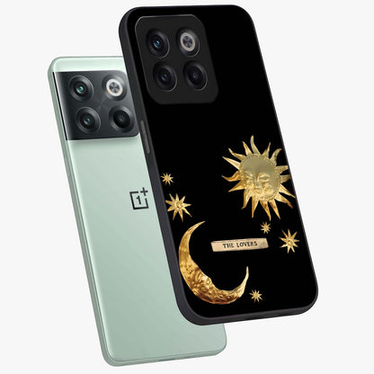 Golden Crescent Mood Glass Case for 1+10T angled mockup showcasing glossy finish and subtle night gradients