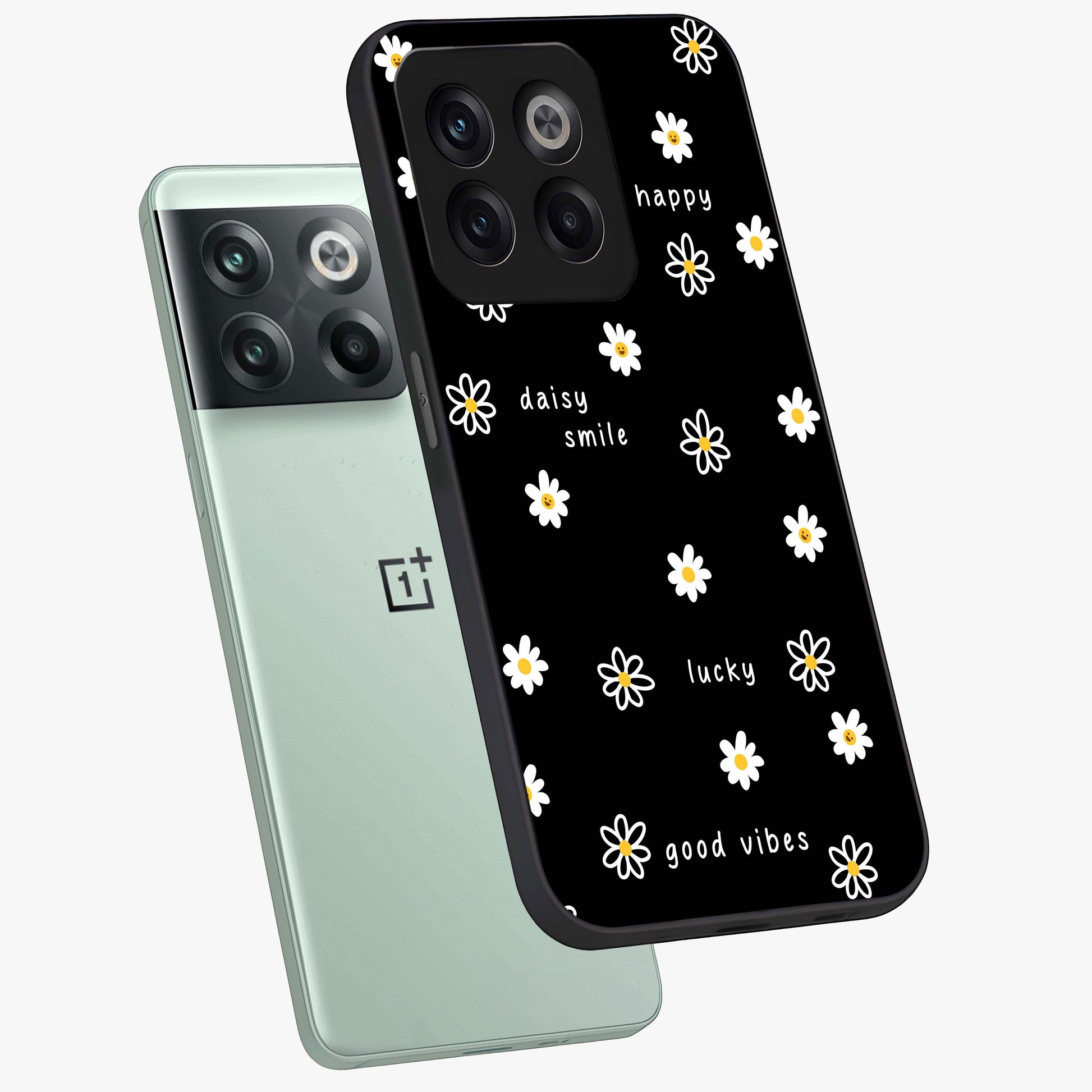 Good Vibes Daisy Black Pattern Glass Case for 1+10T angled mockup showcasing glossy finish and bold floral contrast