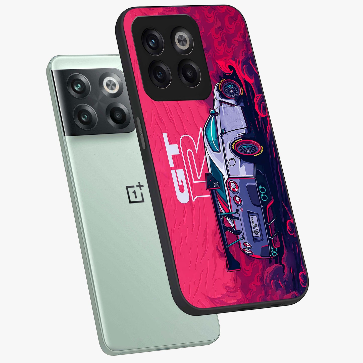 Gt R Car Pattern Glass Case for 1+10T angled mockup showcasing glossy finish and sporty detailing