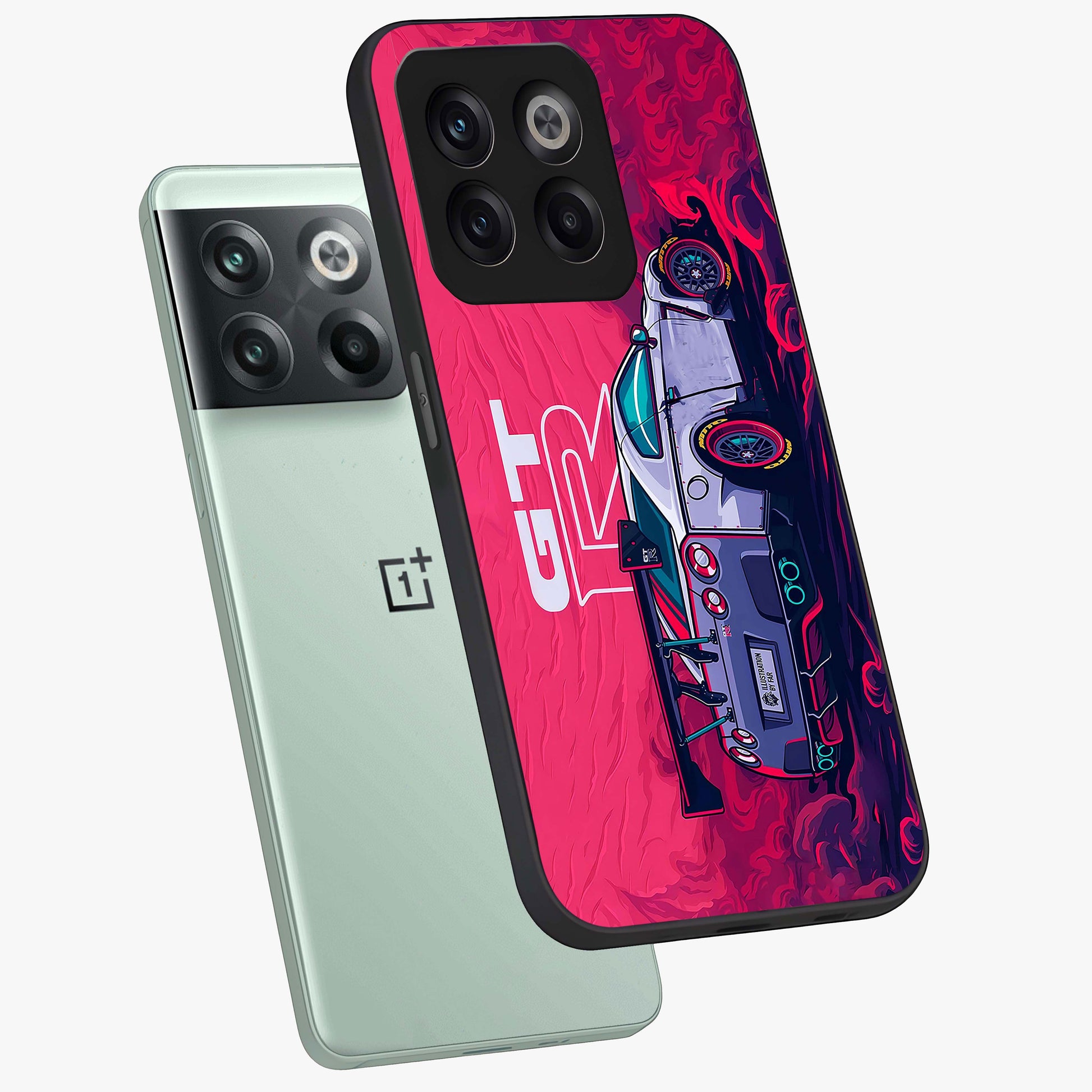 Gt R Car Pattern Glass Case for 1+10T angled mockup showcasing glossy finish and sporty detailing
