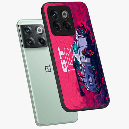 Gt R Car Pattern Glass Case for 1+10T angled mockup showcasing glossy finish and sporty detailing
