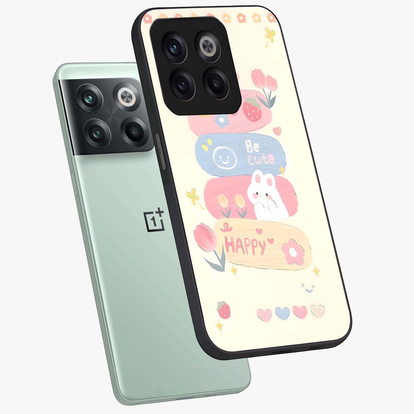 Happy Cute Bunny Glass Case for 1+10T angled mockup showcasing glossy finish and soft pastel tones