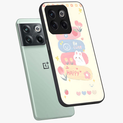 Happy Cute Bunny Glass Case for 1+10T angled mockup showcasing glossy finish and soft pastel tones