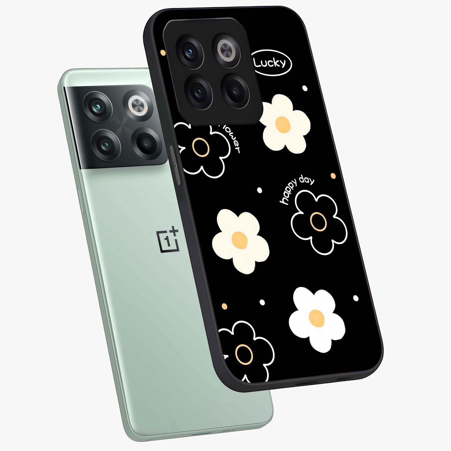 Happy Day Daisy Glass Case for 1+10T angled mockup showcasing glossy finish and vibrant bloom tones