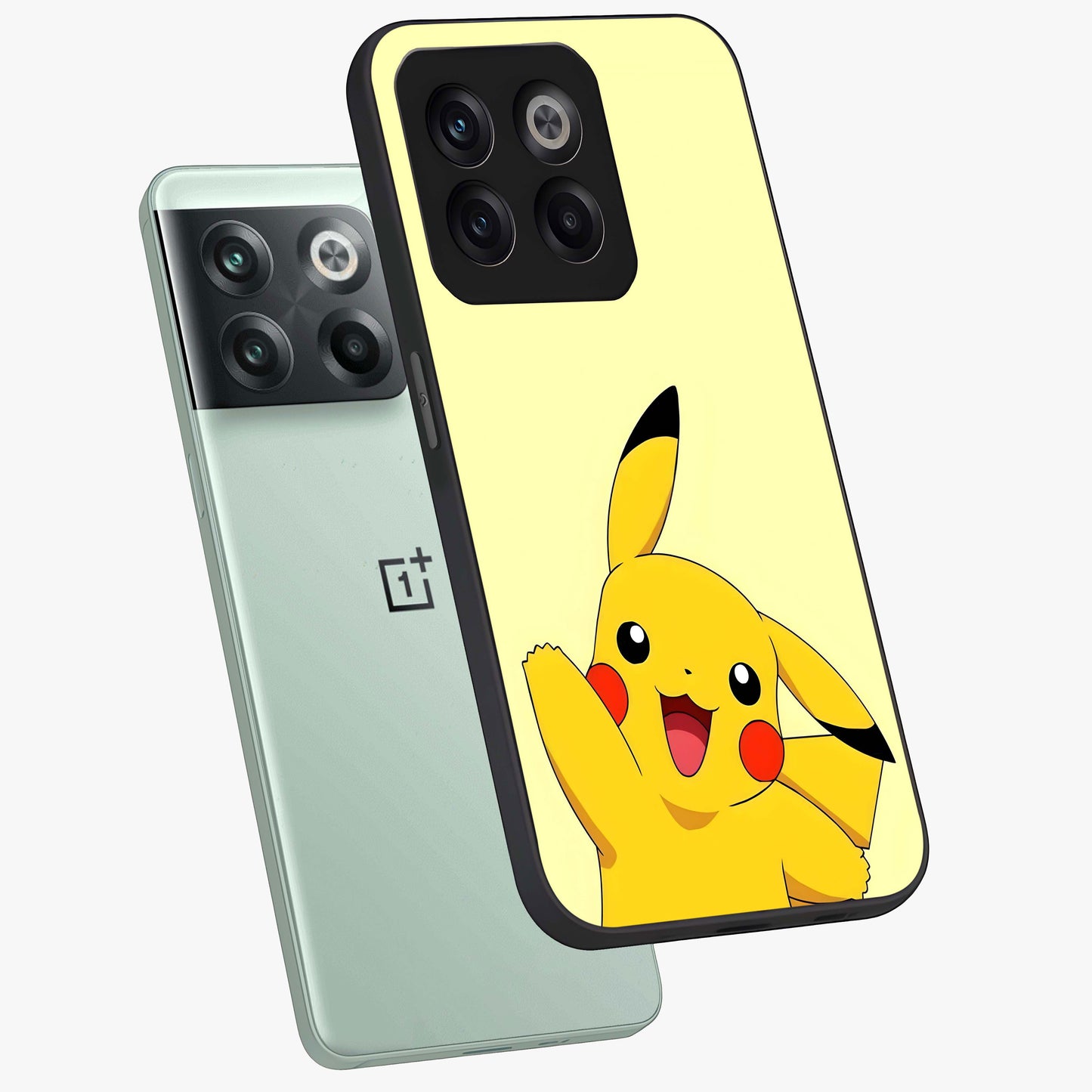 Happy Electric Pikachu Glass Case for 1+10T angled mockup showcasing glossy finish and vibrant yellow tones