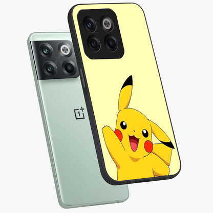 Happy Electric Pikachu Glass Case for 1+10T angled mockup showcasing glossy finish and vibrant yellow tones
