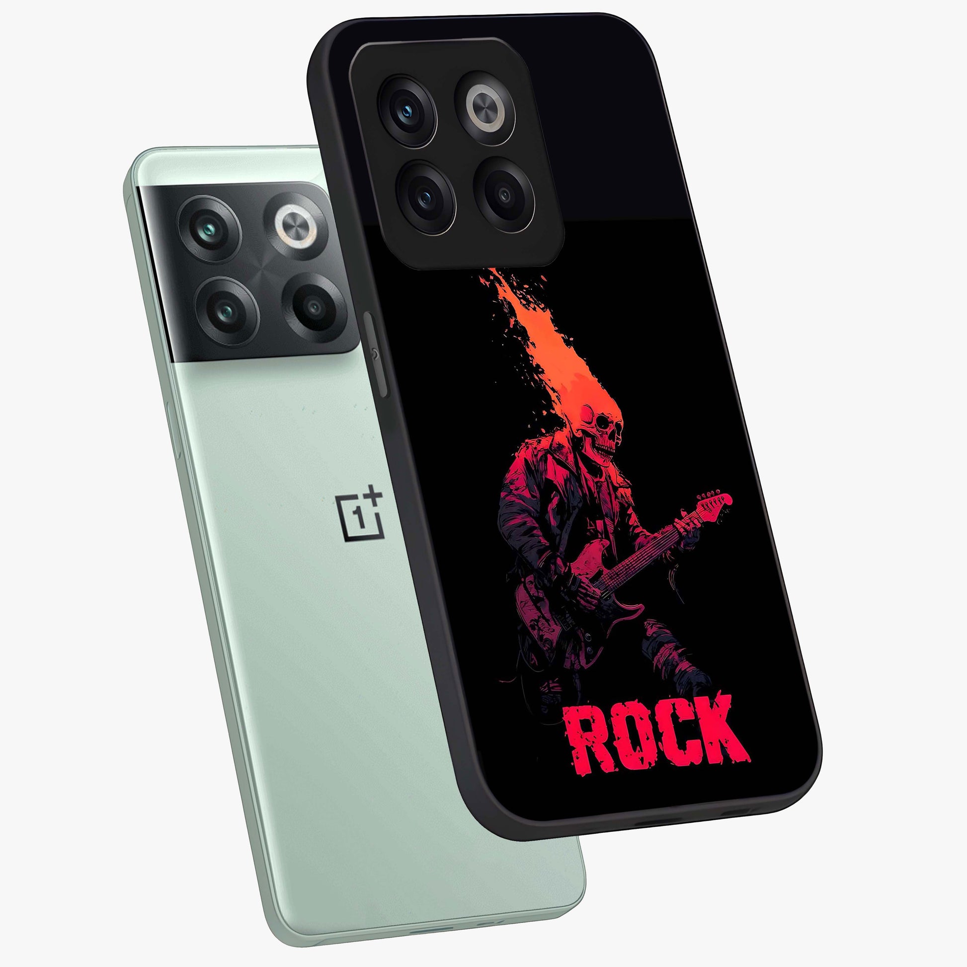 Hellfire Rock Anthem Glass Case for 1+10T captured at a warm angle highlighting bold flame tones, gloss, and edge clarity.