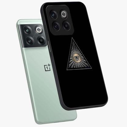 Illuminati Evil Glass Case for 1+10T captured at a warm angle highlighting sharp graphic details, gloss, and edge clarity.