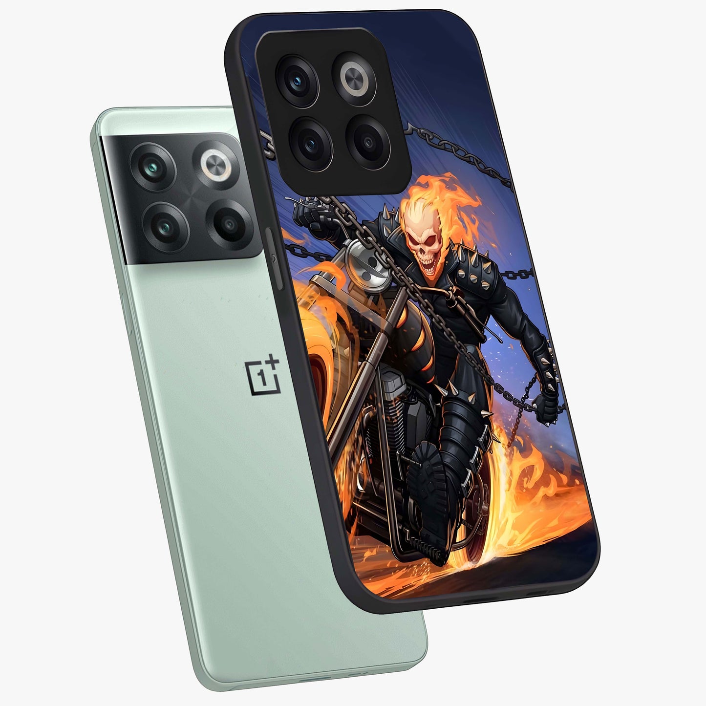 Inferno Chain Rider Glass Case for 1+10T captured at a warm angle highlighting intense flame details, gloss, and edge clarity.