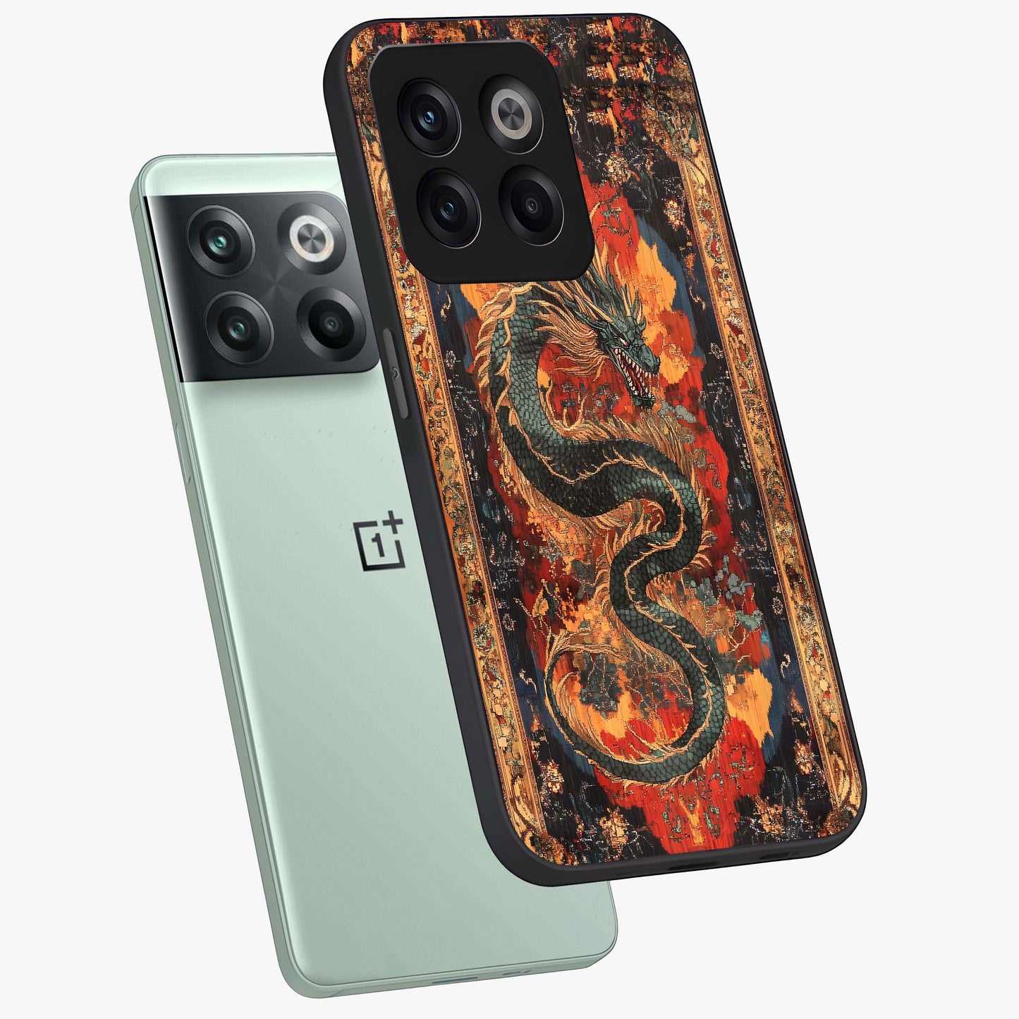 Inferno Dragon Soul Glass Case for 1+10T captured at a warm angle highlighting fierce fire tones, gloss, and edge clarity.