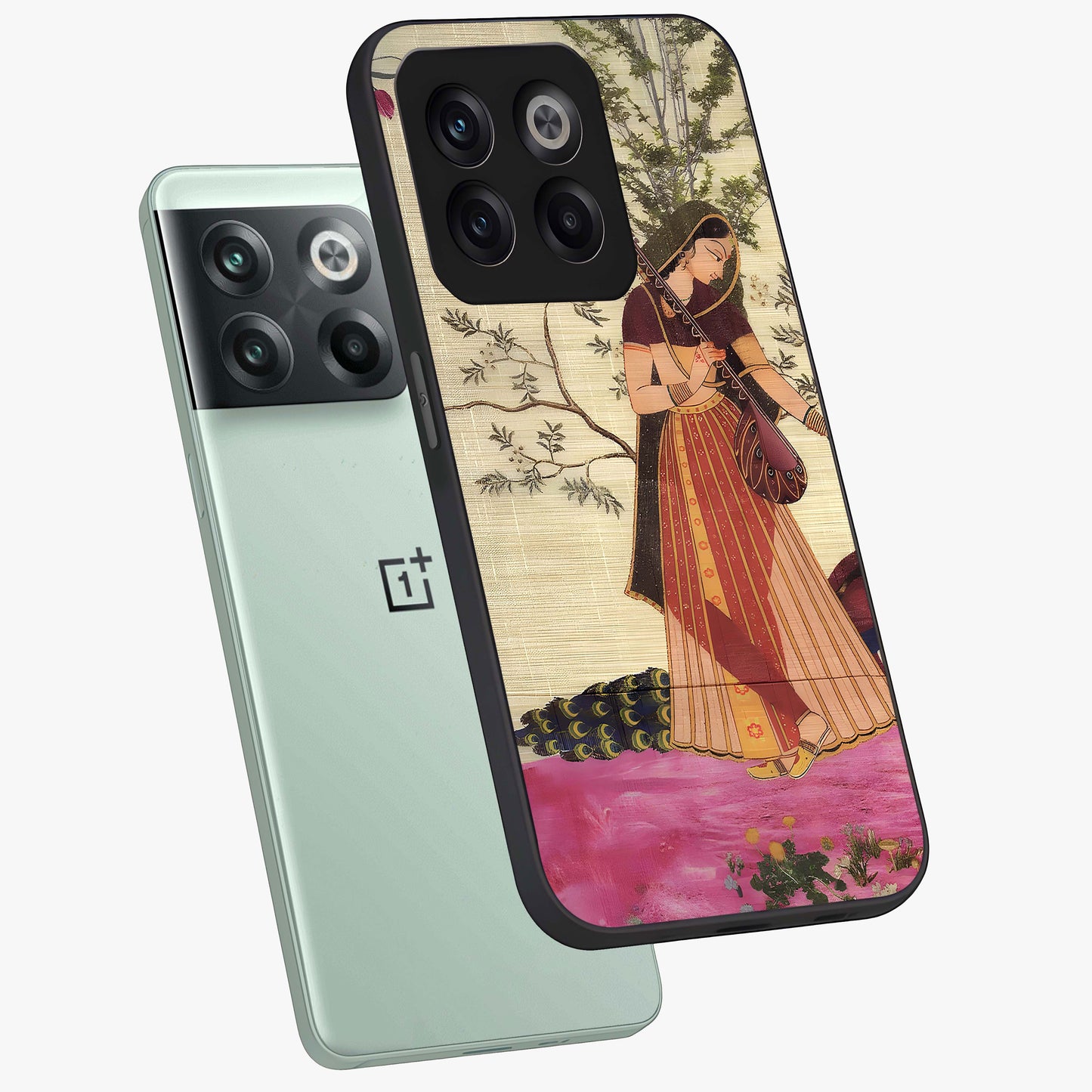 Lady With Veena Art Glass Case for 1+10T angled mockup showcasing glossy finish and refined artistic detailing