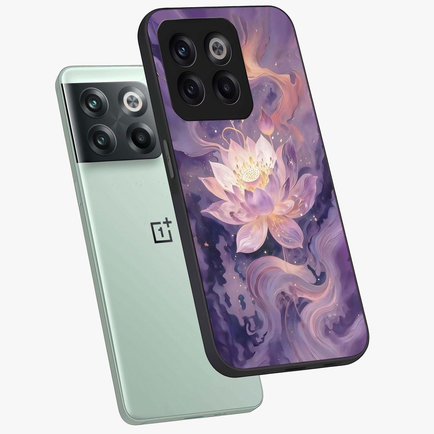 Lavender Lotus Muse Glass Case for 1+10T angled mockup showcasing glossy finish and refined floral detailing
