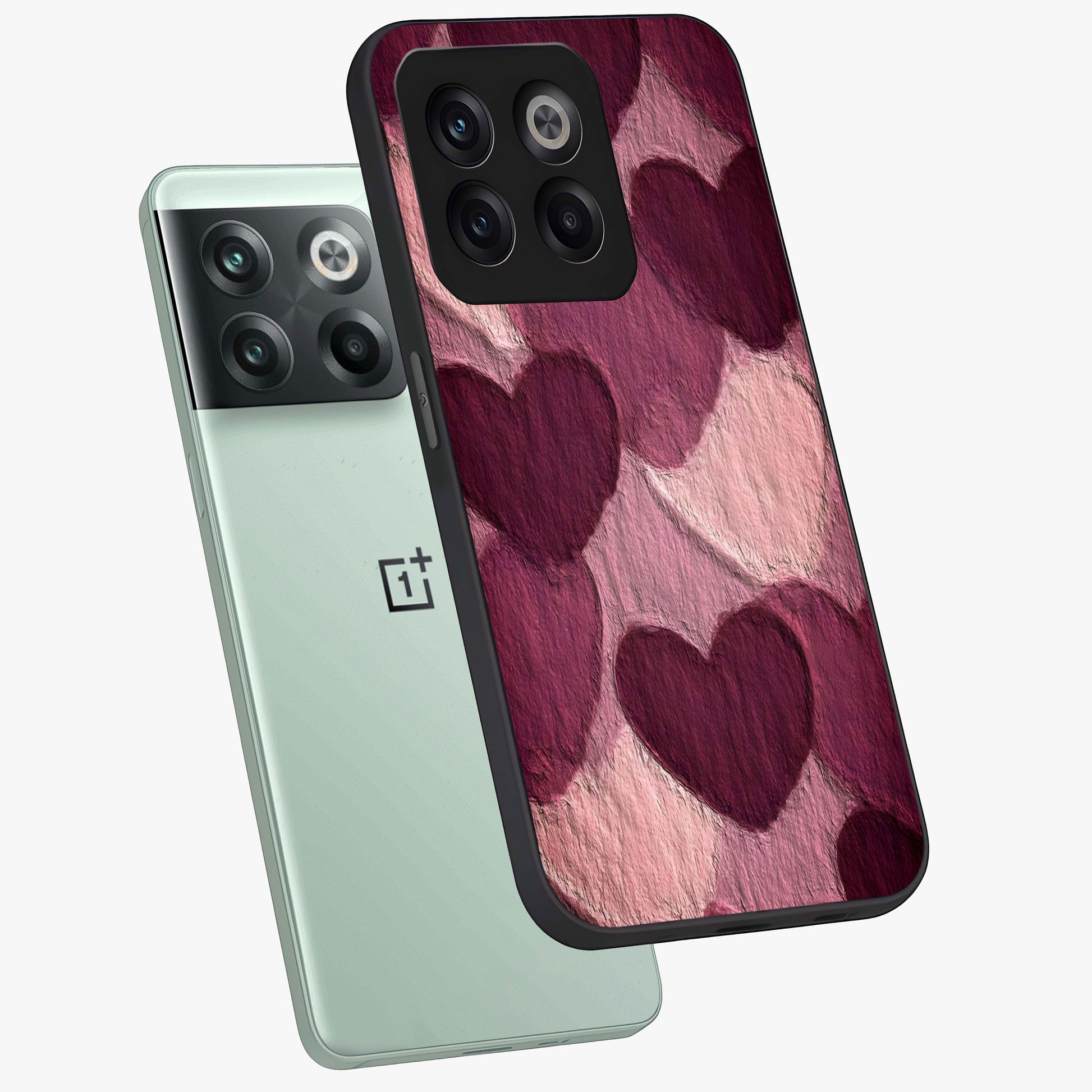 Layered Paper Hearts Glass Case for 1+10T angled mockup showcasing glossy finish and soft romantic tones
