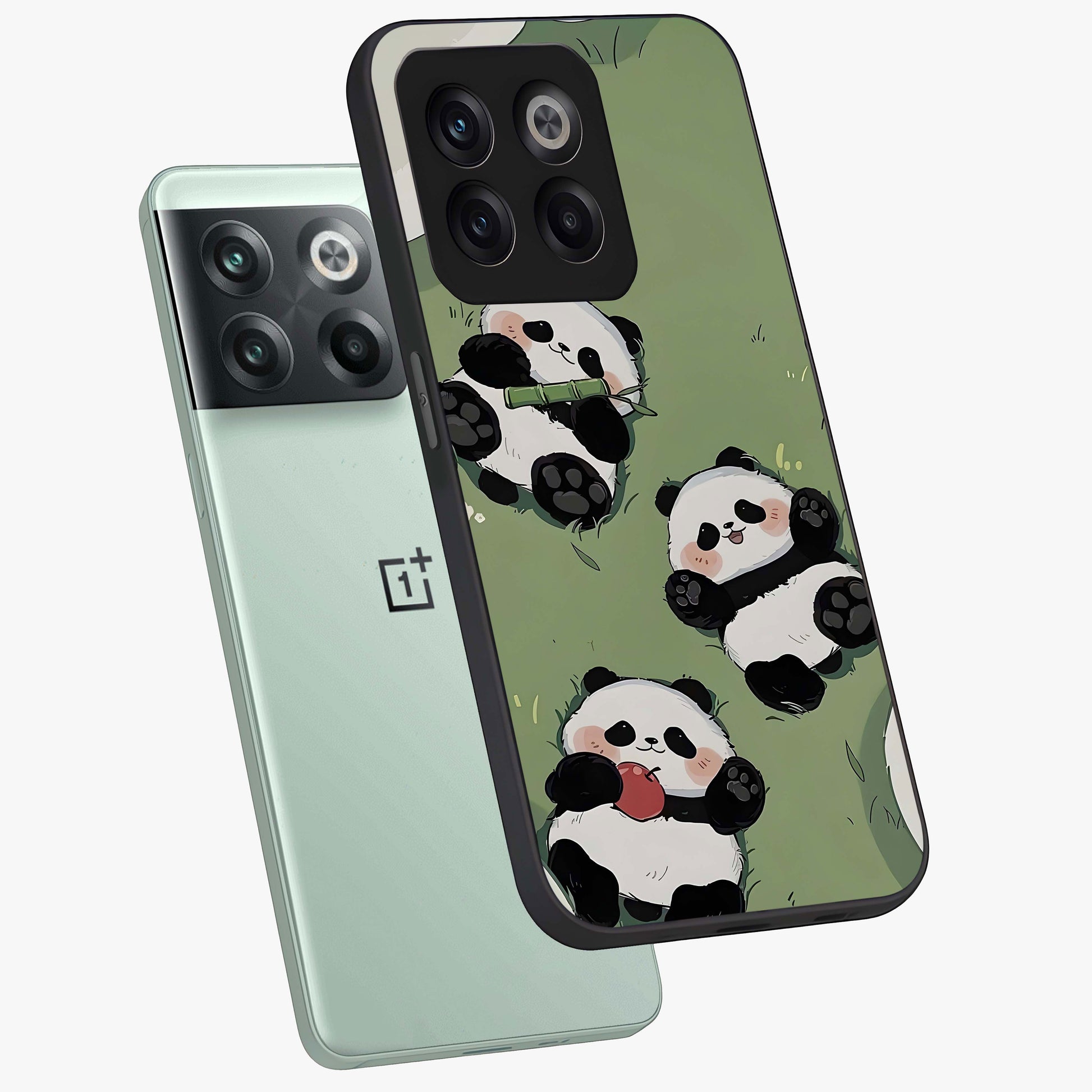 Lazy Panda Picnic Glass Case for 1+10T angled mockup showcasing glossy finish and vibrant cartoon detailing
