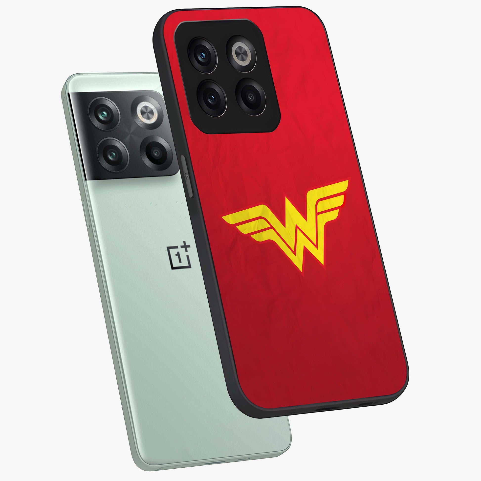 Legendary Wonder Power Glass Case for 1+10T angled mockup showcasing glossy finish and vibrant power tones