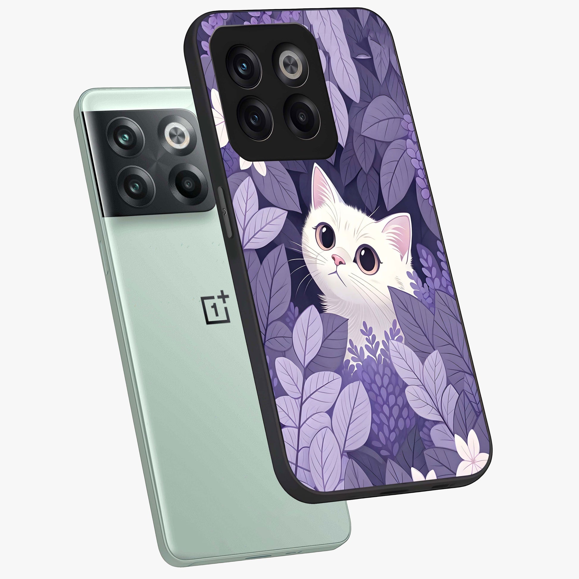 Lilac Hide Peek Cat Glass Case for 1+10T angled mockup showcasing glossy finish and cute character detailing