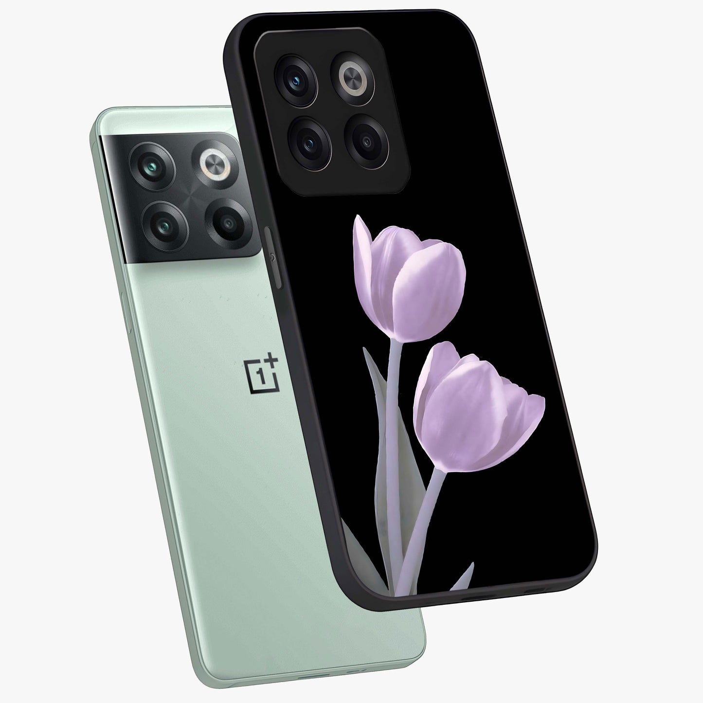 Lilac Tulip Flowers Glass Case for 1+10T angled mockup showcasing glossy finish and delicate bloom detailing