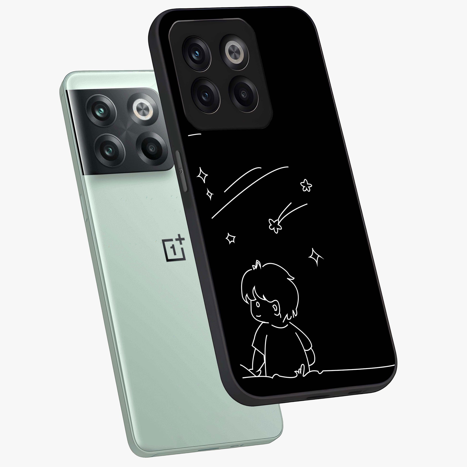 Line Art Boy With Shooting Stars Glass Case for 1+10T angled mockup showcasing glossy finish and clean monochrome detailing