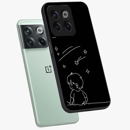 Line Art Boy With Shooting Stars Glass Case for 1+10T angled mockup showcasing glossy finish and clean monochrome detailing