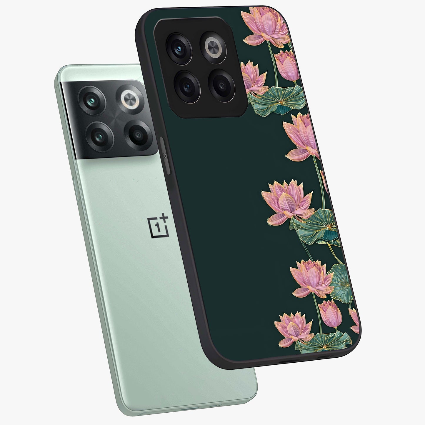 Lotus Bloom Serenity Glass Case for 1+10T angled mockup showcasing glossy glass finish and calming tones