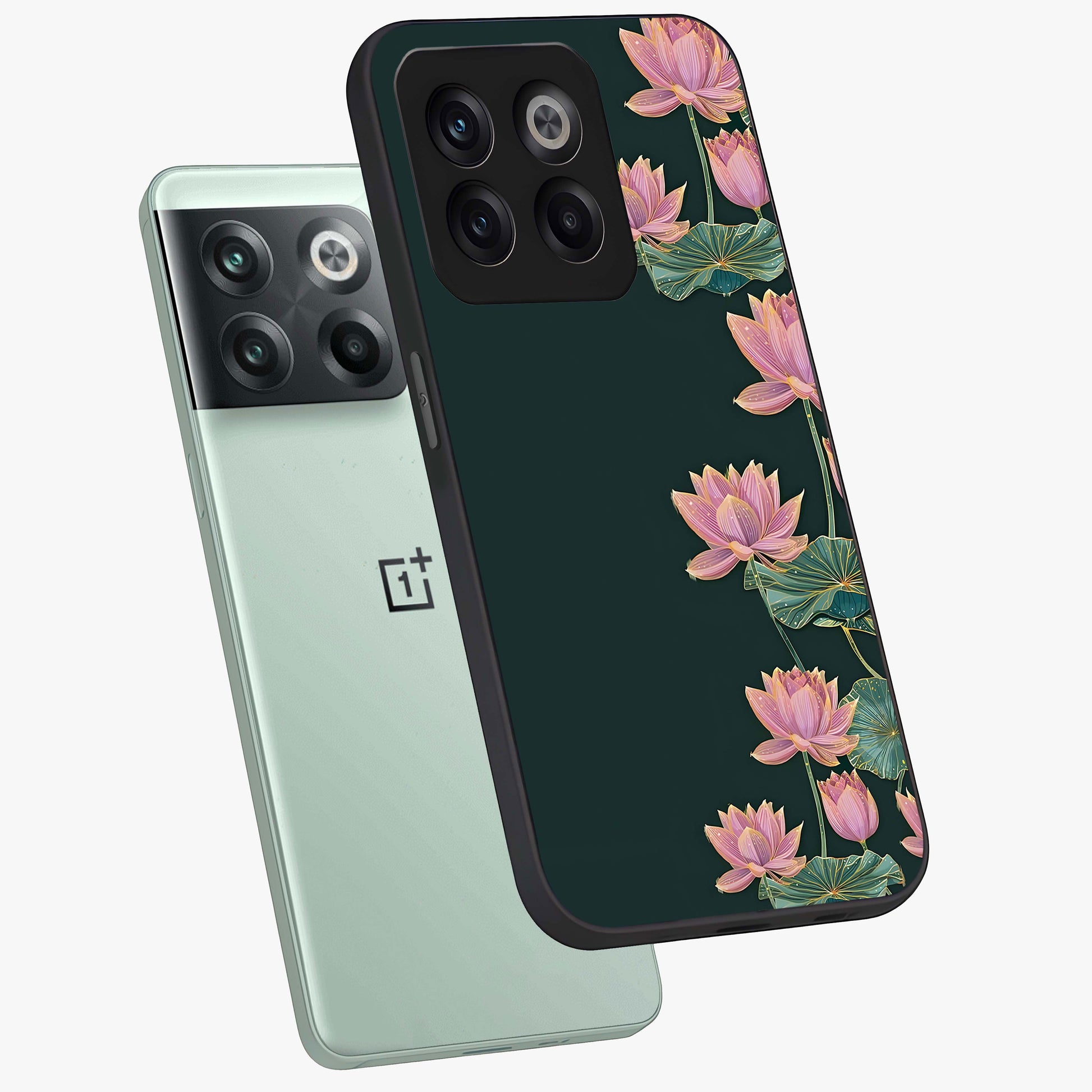 Lotus Bloom Serenity Glass Case for 1+10T angled mockup showcasing glossy glass finish and calming tones