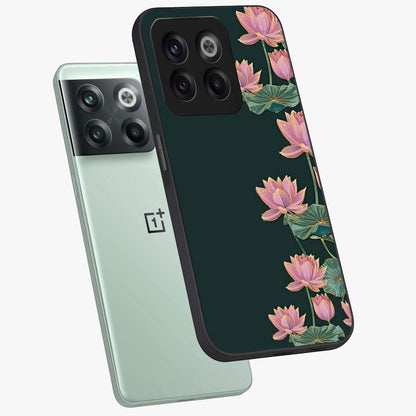 Lotus Bloom Serenity Glass Case for 1+10T angled mockup showcasing glossy glass finish and calming tones
