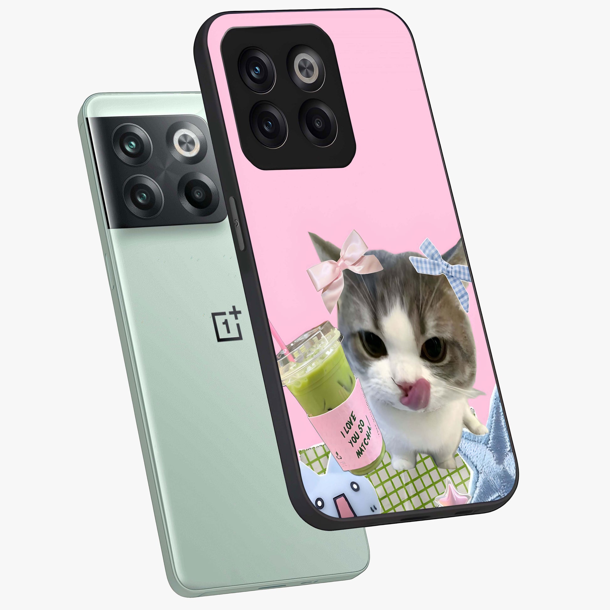 Love Matcha Cat Glass Case for 1+10T angled mockup showcasing glossy finish and playful pastel tones