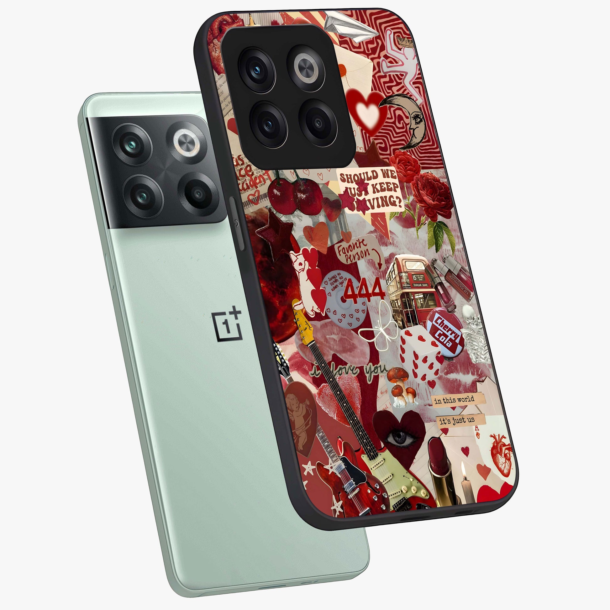 Lover’S Red Chaos Glass Case for 1+10T angled mockup showcasing glossy finish and dramatic crimson tones