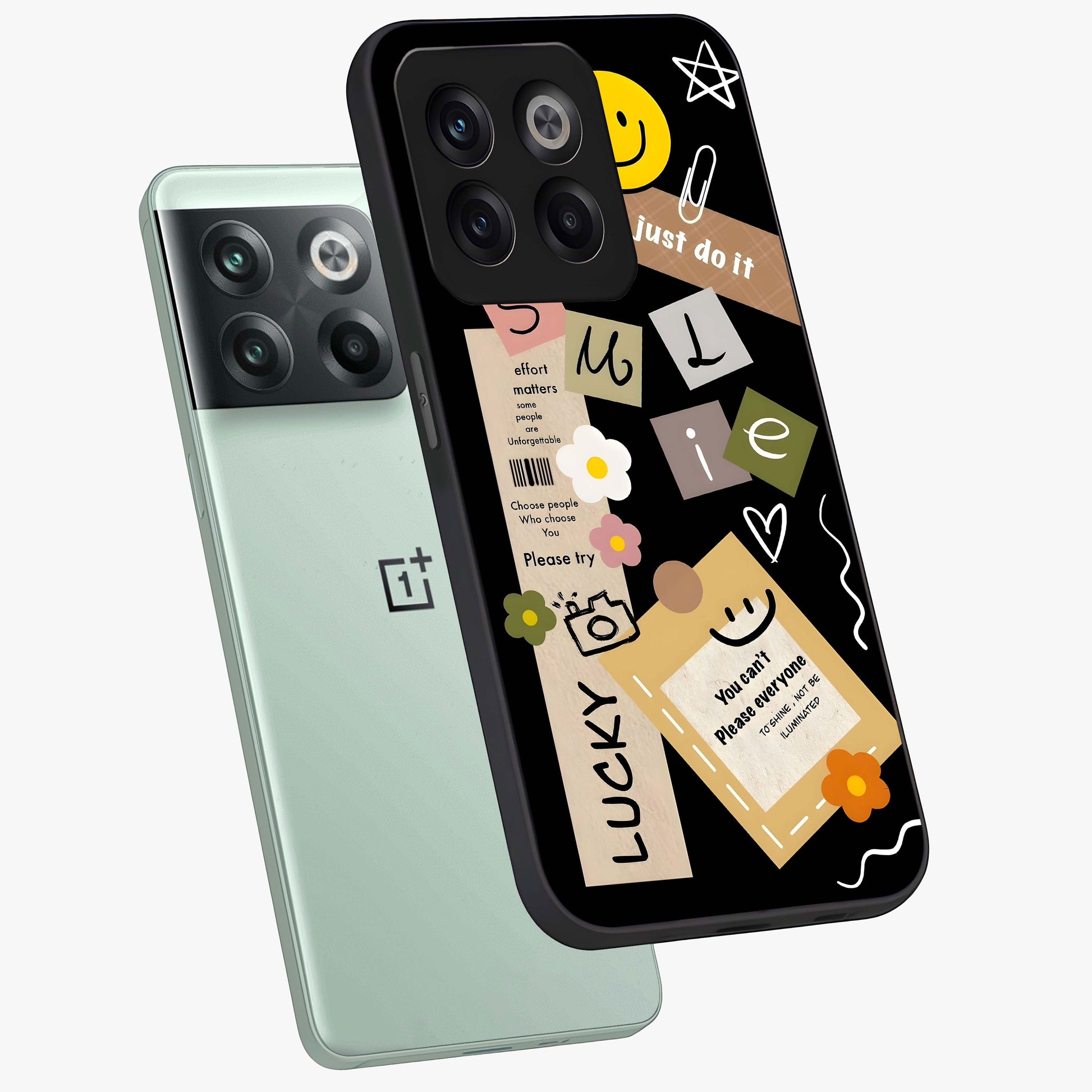 Lucky Aesthetic Collage Case Glass Case for 1+10T angled mockup showcasing glossy finish and colorful textures