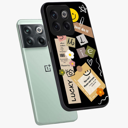 Lucky Aesthetic Collage Case Glass Case for 1+10T angled mockup showcasing glossy finish and colorful textures