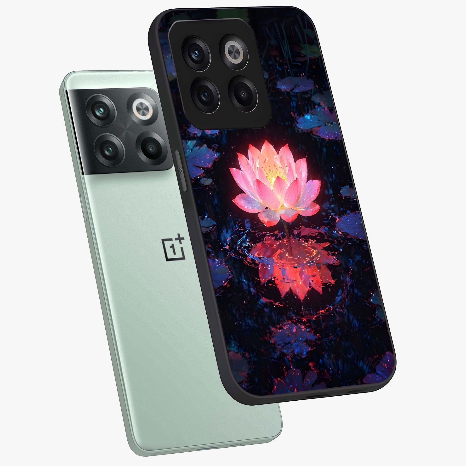 Luminous Lotus Glow Glass Case for 1+10T angled mockup showcasing glossy finish and warm luminous tones