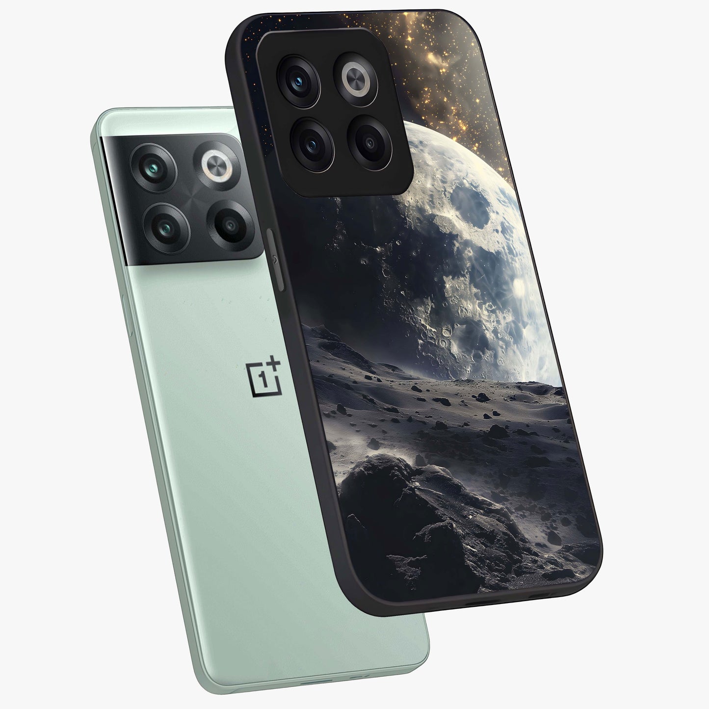 Lunar Horizon Glow Glass Case for 1+10T angled mockup showcasing glossy finish and warm night tones