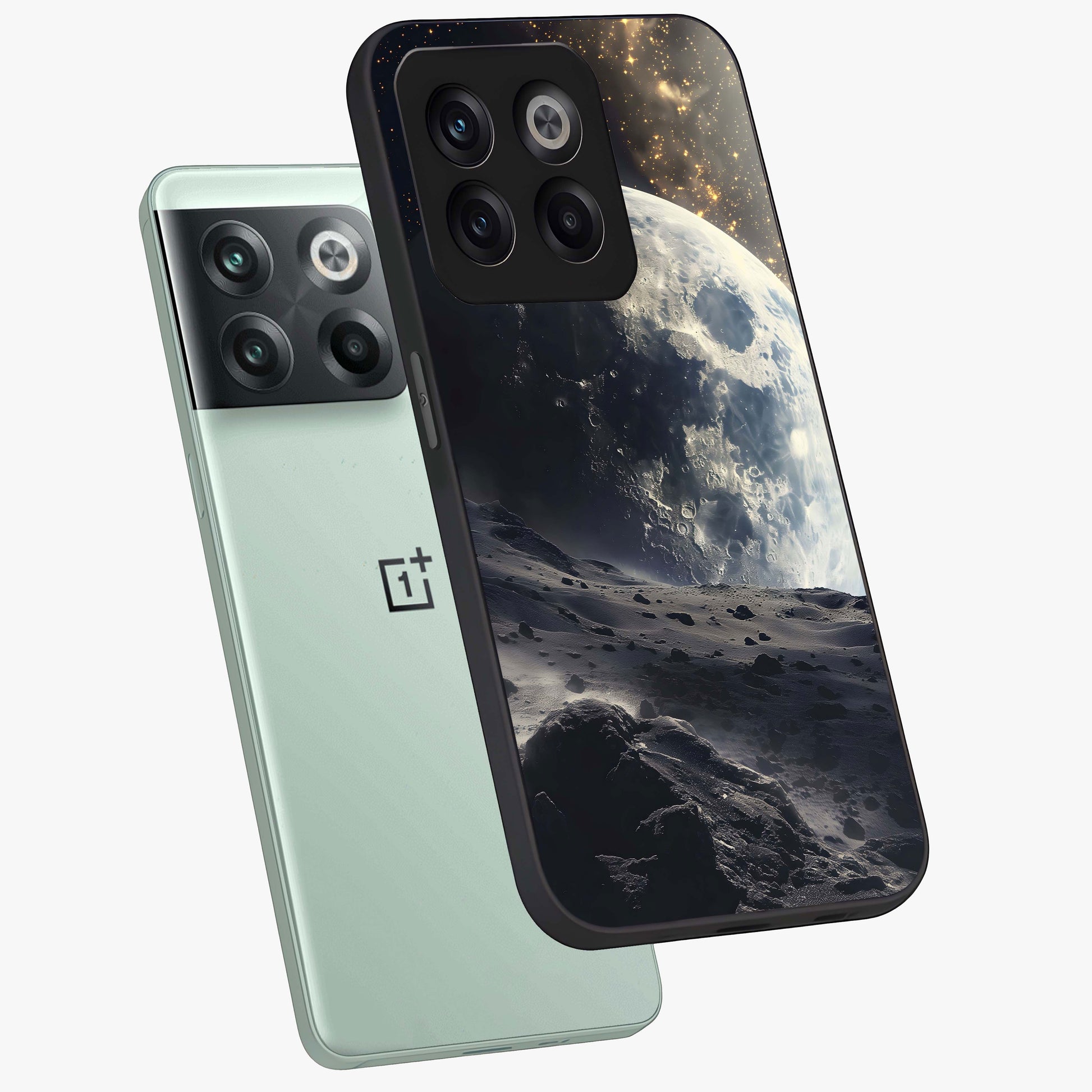 Lunar Horizon Glow Glass Case for 1+10T angled mockup showcasing glossy finish and warm night tones