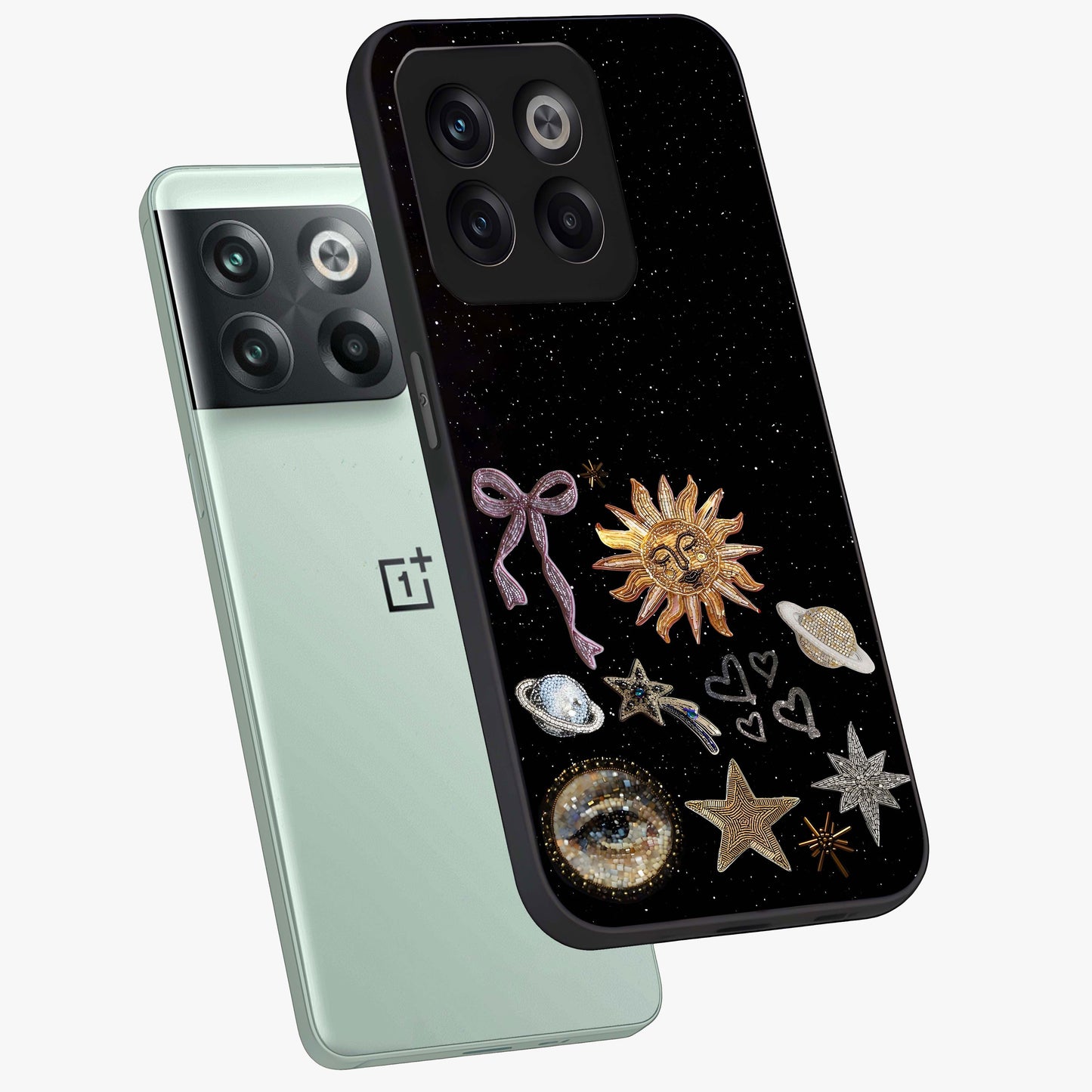 Magical Jewelry Vibe Glass Case for 1+10T angled mockup showcasing glossy finish and sparkling detailing