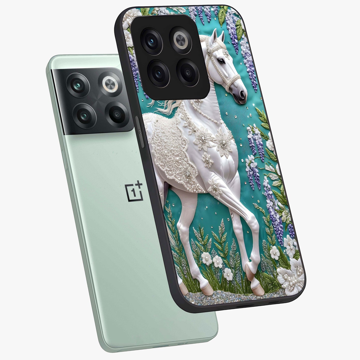 Majestic Floral Stallion Glass Case for 1+10T angled mockup showcasing glossy finish and vibrant artistic tones