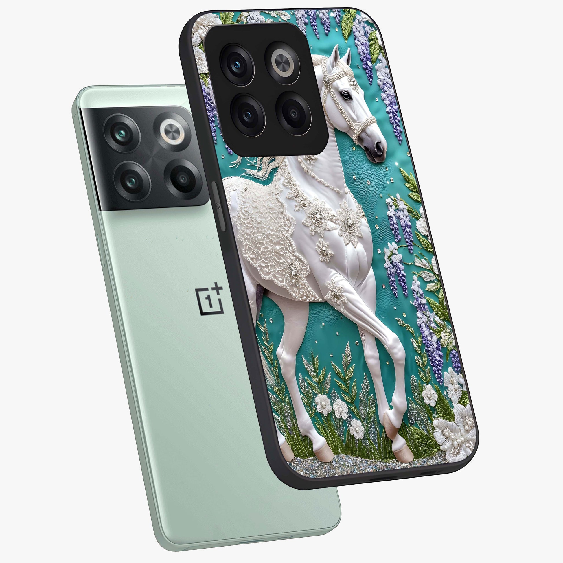 Majestic Floral Stallion Glass Case for 1+10T angled mockup showcasing glossy finish and vibrant artistic tones