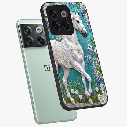 Majestic Floral Stallion Glass Case for 1+10T angled mockup showcasing glossy finish and vibrant artistic tones