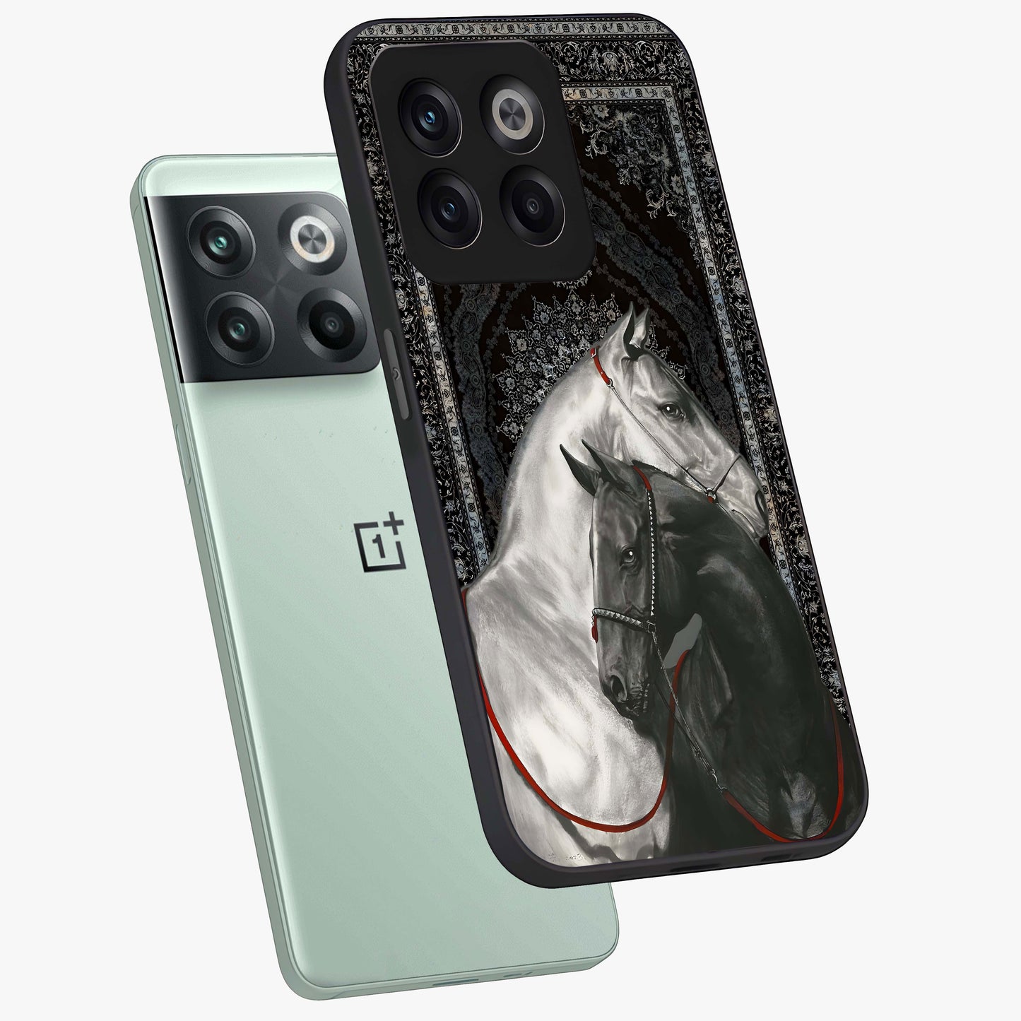 Majestic Ride Legacy Glass Case for 1+10T angled mockup showcasing glossy finish and strong graphic detailing